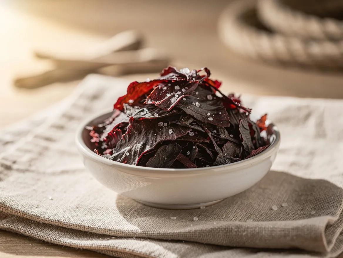 Nahaufnahme von Dulse-Flakes in einer kleinen Schale