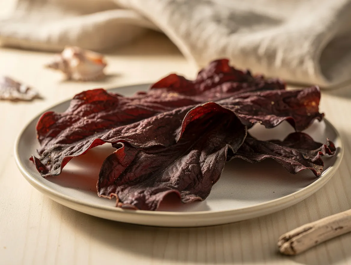 Dunkelrote getrocknete Dulse-Blätter auf hellem Teller