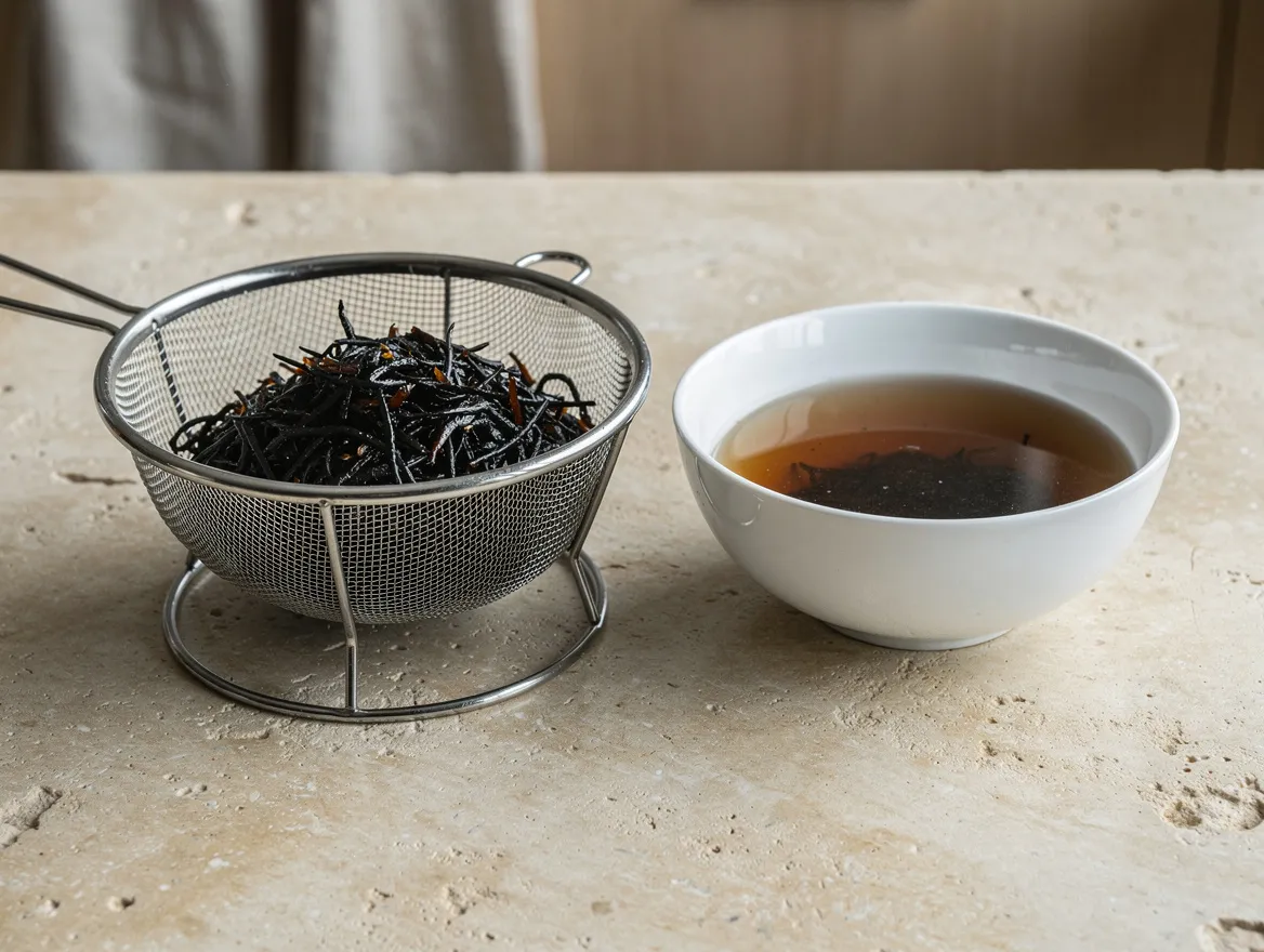 Eingeweichte schwarze Hijiki-Fäden in einem Sieb neben einer Schüssel mit dunklem Einweichwasser