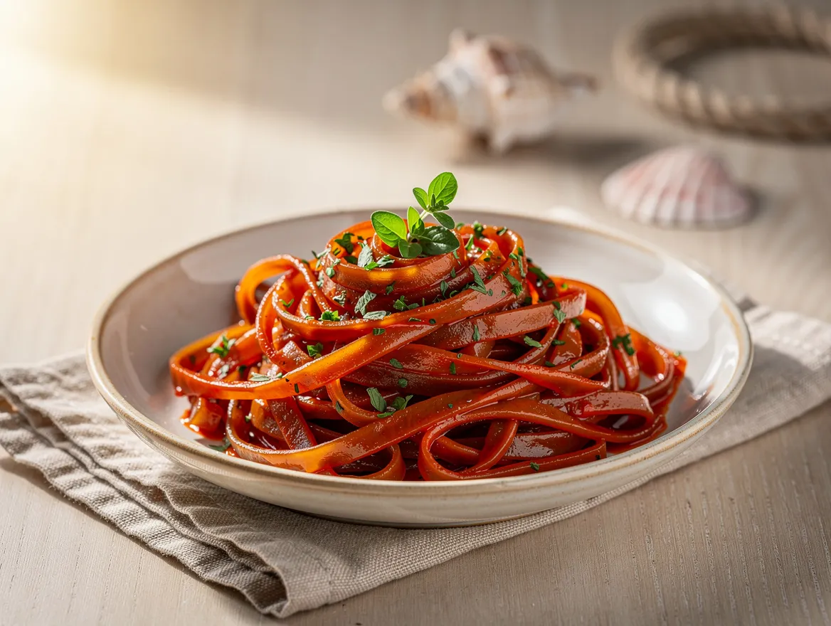 Gekochte Meeresspaghetti mit Tomatensauce in heller Schale