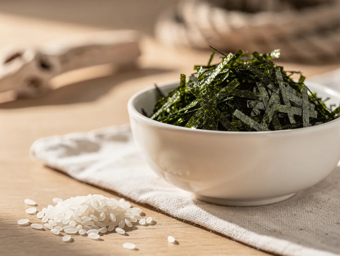 Nahaufnahme einer Keramikschale mit gerösteten Nori-Flocken neben verstreuten Reiskörnern