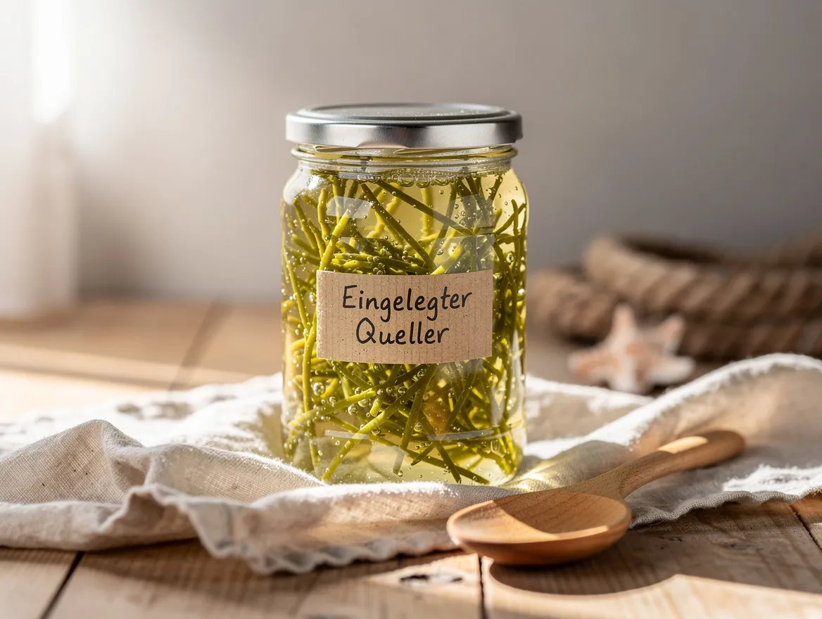 Eingelegter Queller in einem Glas neben einem Holzlöffel