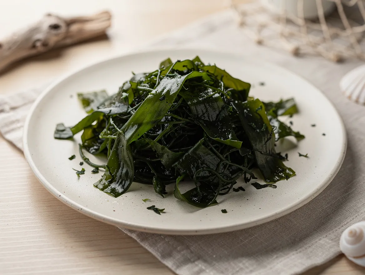 Eingeweichte Wakame-Stücke auf hellem Keramikteller