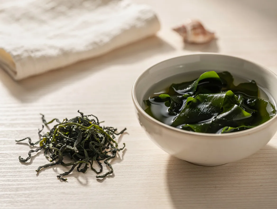 Getrocknete dunkelgrüne Wakame-Stücke neben einer Schale mit eingeweichter, glänzend grüner Wakame