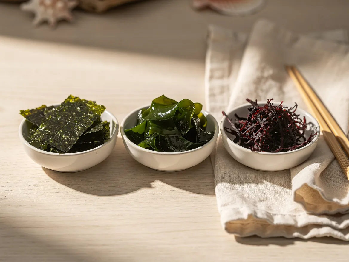 Drei kleine Schalen mit gerösteten Nori-Stücken, eingeweichter grüner Wakame und roten Dulse-Flocken, daneben Essstäbchen