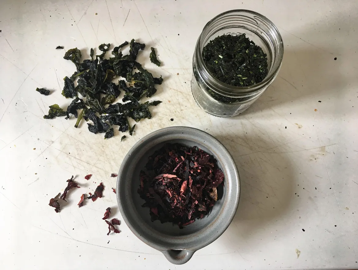 Getrocknete Wakame-Stücke, ein Glas mit dunkelgrünen Nori-Flocken und eine Schale roter Dulse-Flocken auf einer weißen Arbeitsplatte, von oben