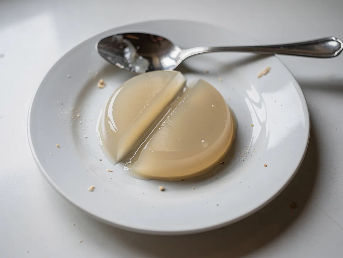 Fest gewordenes helles Agar-Gelee auf einem weißen Teller, ein Stück ist herausgeschnitten, daneben ein Löffel