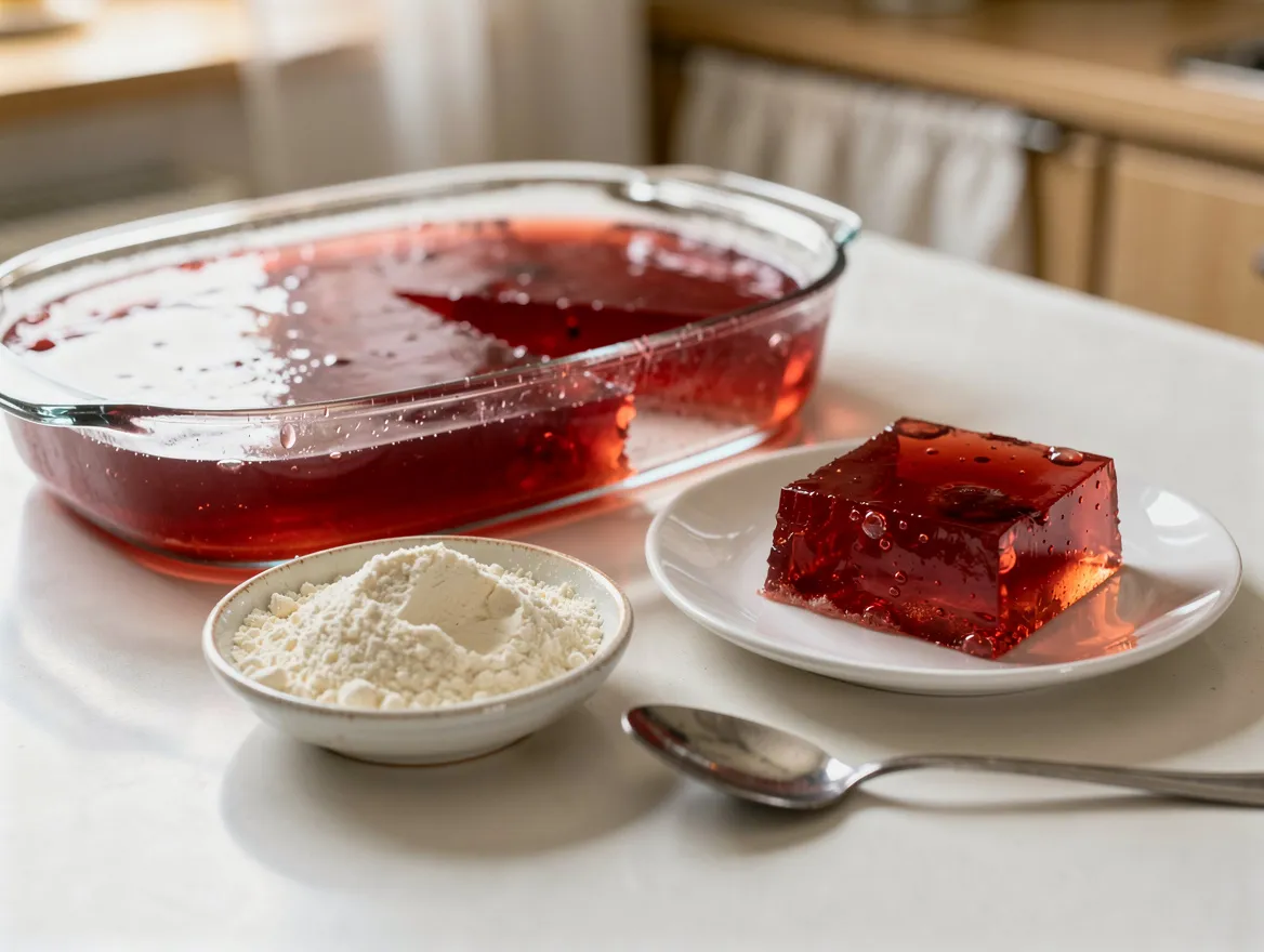 Angeschnittenes rotes Fruchtgelee in einer flachen Glasschale, daneben eine kleine Schale mit weißem Agar-Agar-Pulver