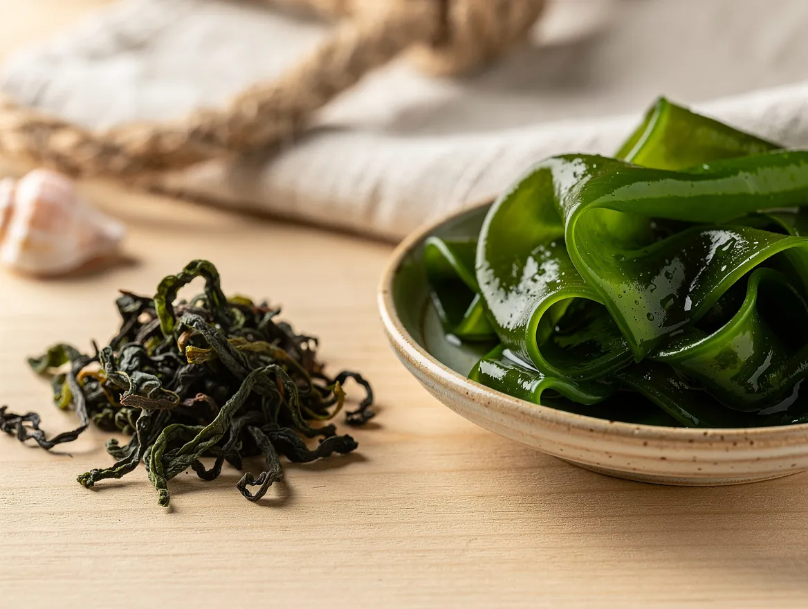 Nahaufnahme von getrockneter Wakame neben eingeweichter Wakame, der Größenunterschied ist deutlich sichtbar