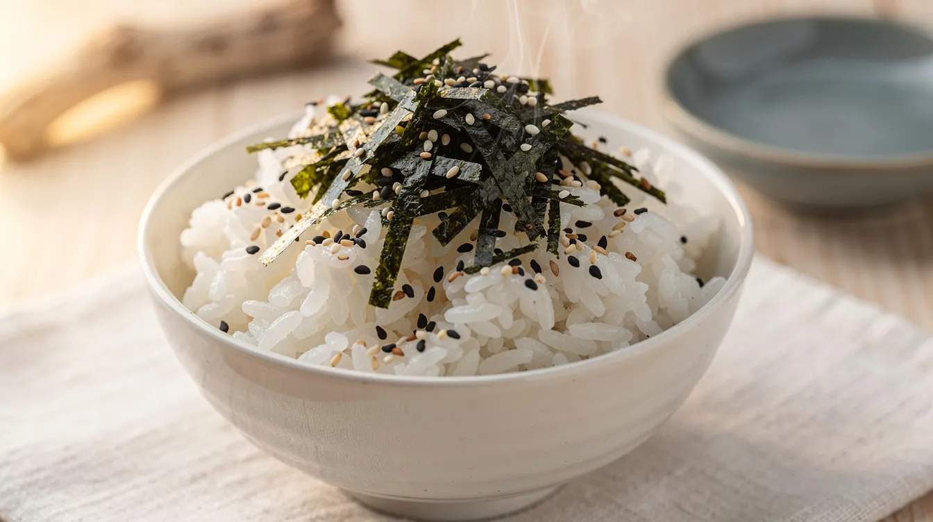 Furikake-Gewürzmischung in kleiner Schale, über weißen Reis gestreut
