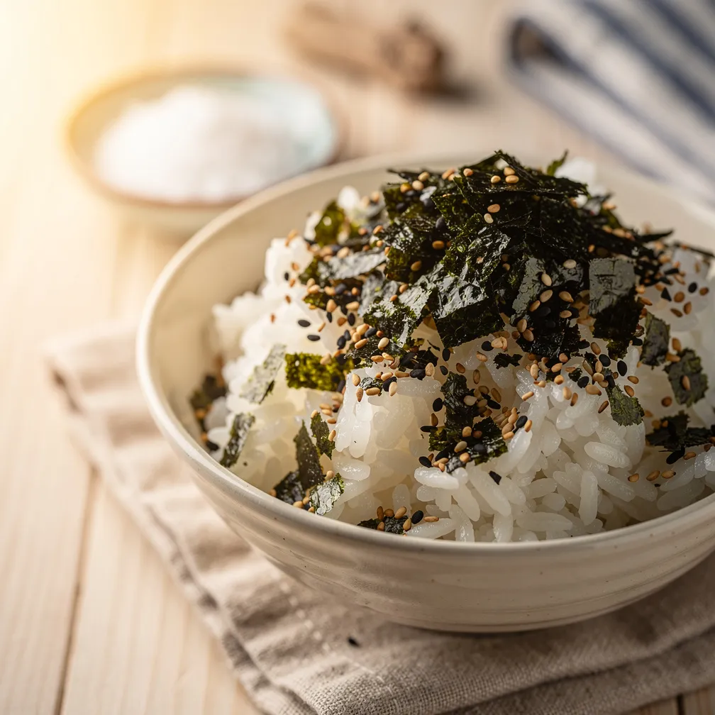 Furikake-Gewürzmischung in kleiner Schale, über weißen Reis gestreut