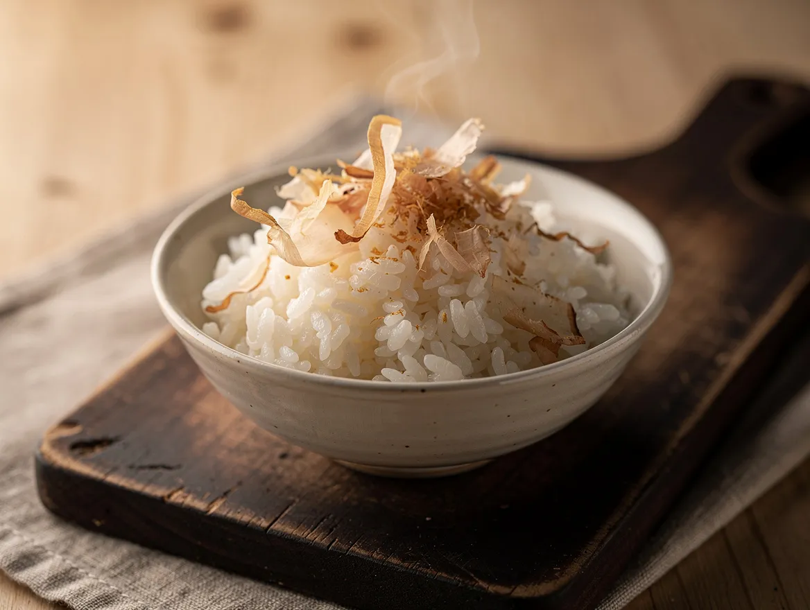 Hauchdünne Katsuobushi-Flocken über einer Schale warmen weißen Reis