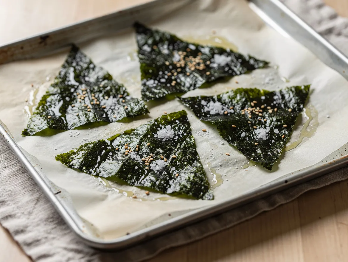 In Dreiecke geschnittene, dünn geölte Nori-Stücke mit Sesam auf einem Backblech mit Backpapier