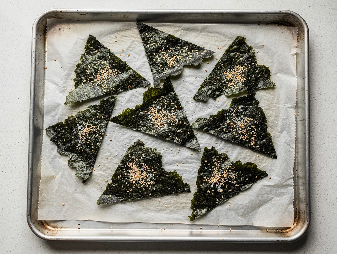 Knusprige Nori-Chips in Dreiecksform mit Sesam und Salz auf einem Backblech mit Backpapier