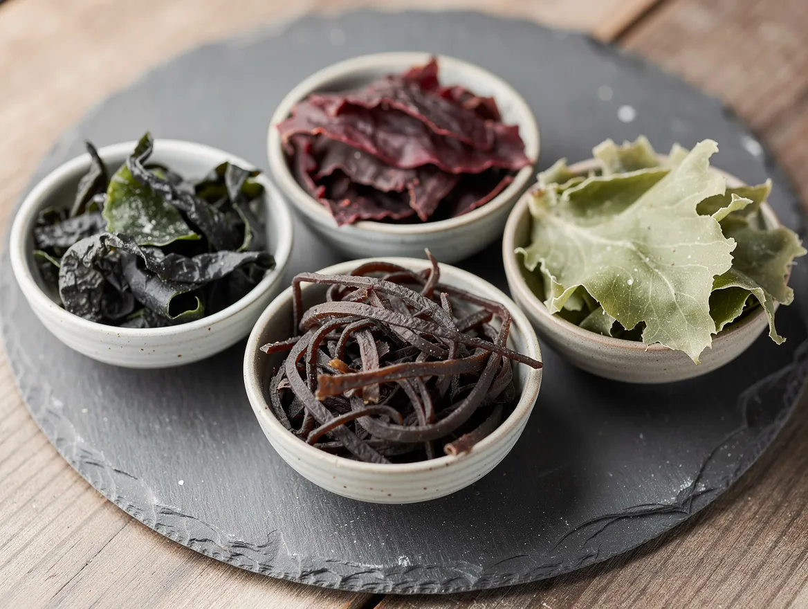 Vier kleine Schalen mit getrockneter Wakame, Dulse, Meeresspaghetti und Meersalat nebeneinander
