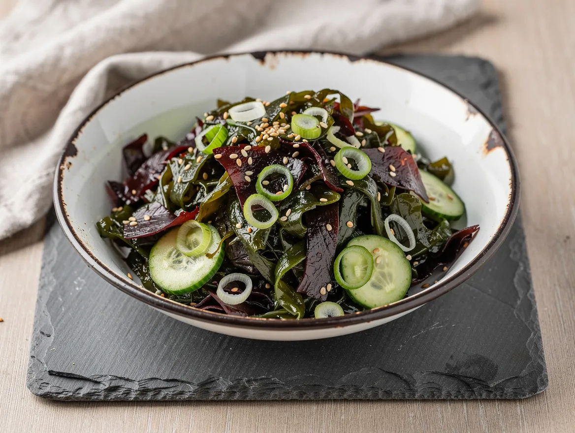 Gemischter Algensalat mit grünen Wakame-Streifen, roten Dulse-Stücken und Gurkenscheiben in heller Schale