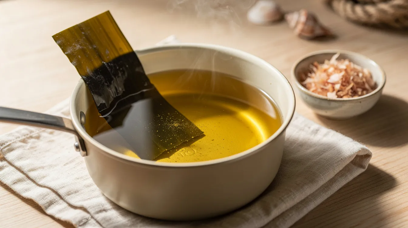 Klare goldene Dashi-Brühe im Topf mit Kombu