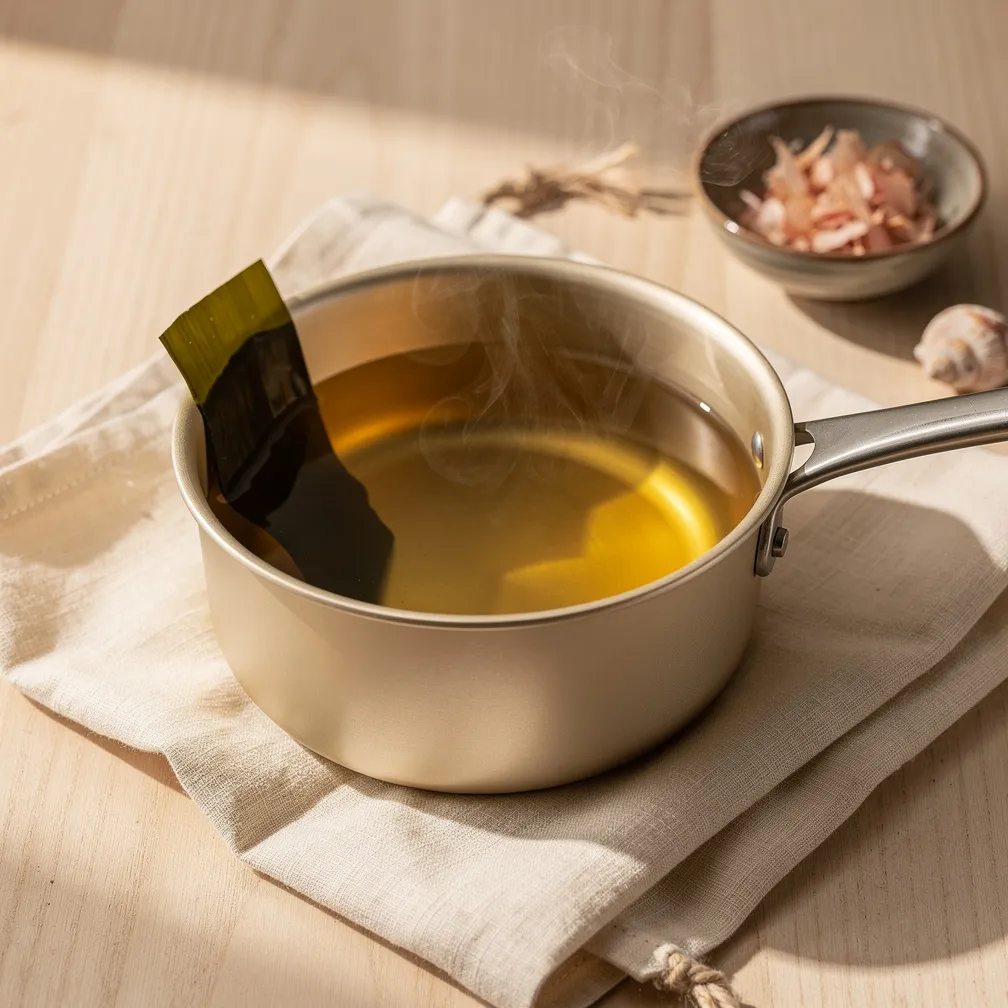 Klare goldene Dashi-Brühe im Topf mit Kombu