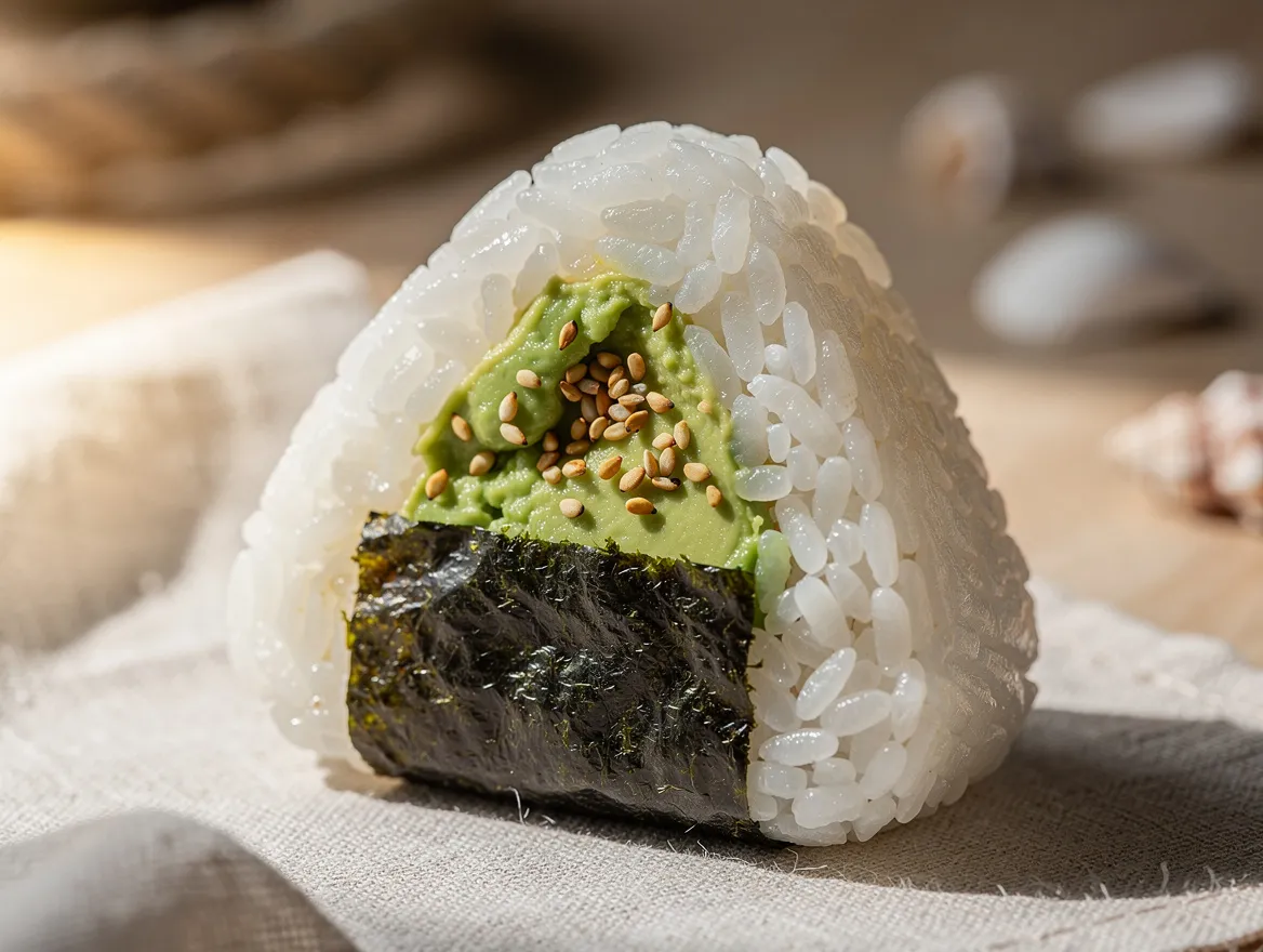 Nahaufnahme eines aufgeschnittenen Onigiri mit Füllung in der Mitte des Reises