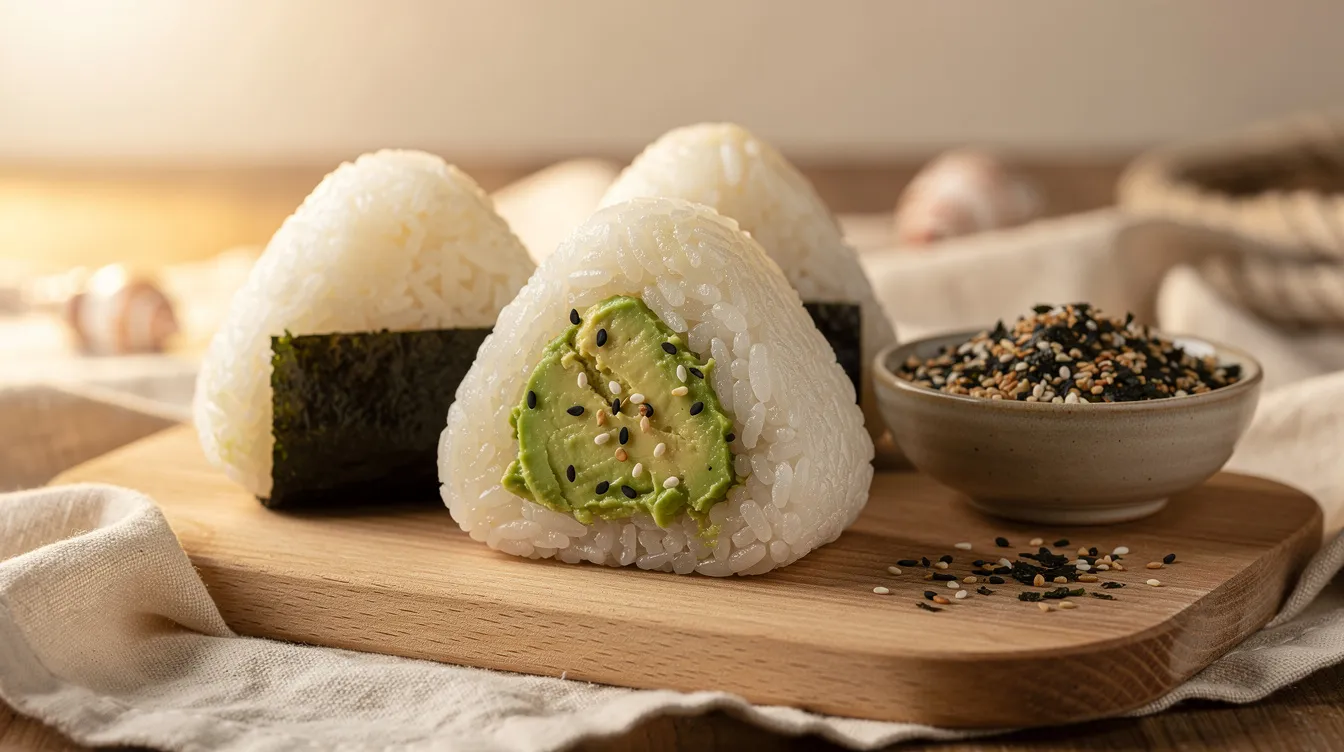Drei dreieckige Onigiri mit weißem Reis und Nori-Streifen auf hellem Holzbrett, ein Onigiri aufgeschnitten mit sichtbarer Füllung, daneben eine kleine Schale Furikake