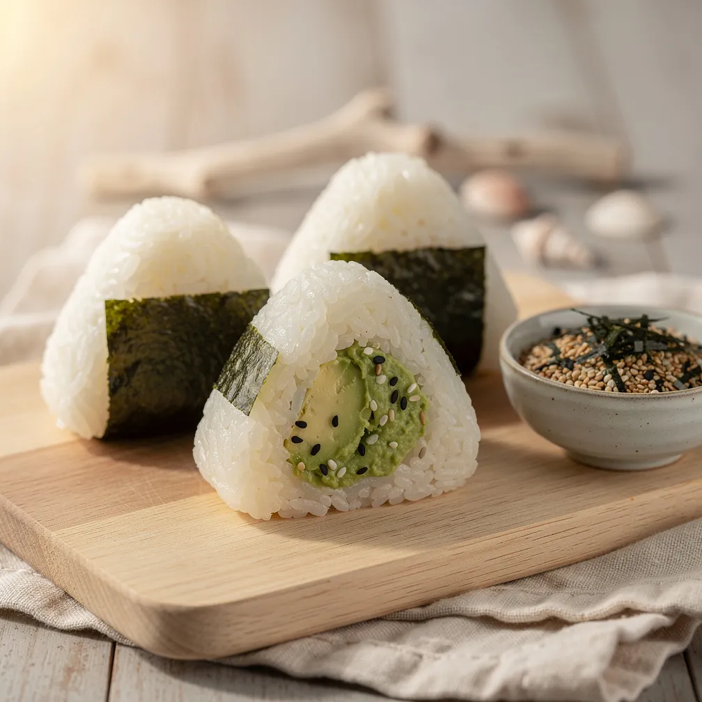 Drei dreieckige Onigiri mit weißem Reis und Nori-Streifen auf hellem Holzbrett, ein Onigiri aufgeschnitten mit sichtbarer Füllung, daneben eine kleine Schale Furikake