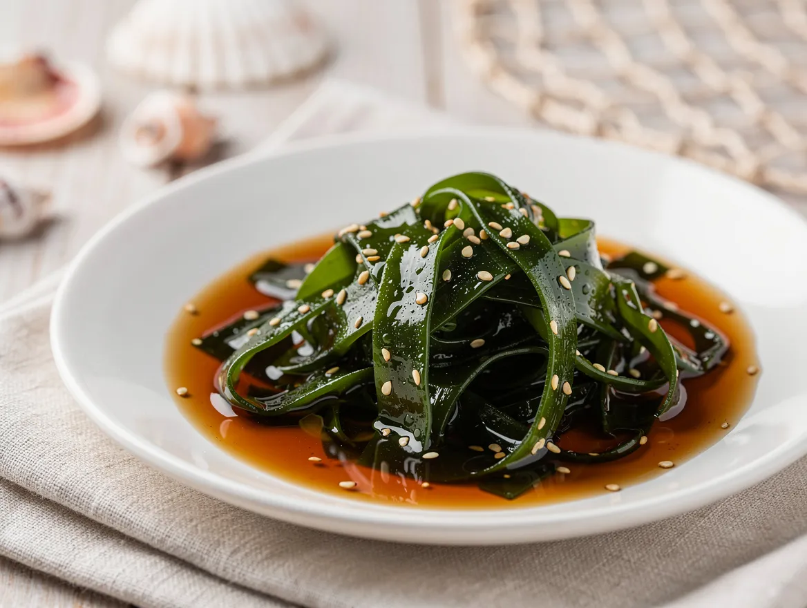 Nahaufnahme eingeweichter Wakame-Streifen im Dressing mit Sesamkörnern