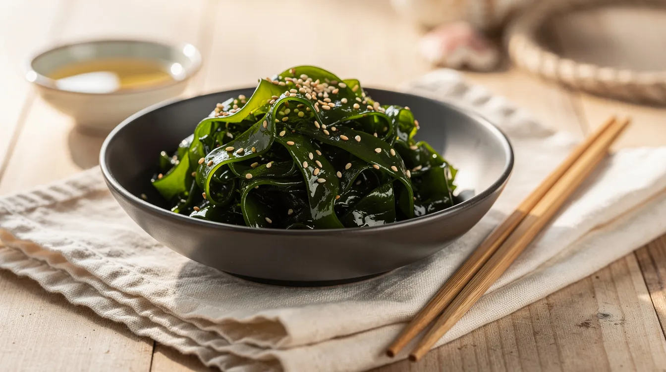Glänzend grüner Wakame-Salat mit Sesam in dunkler Keramikschale, daneben Essstäbchen