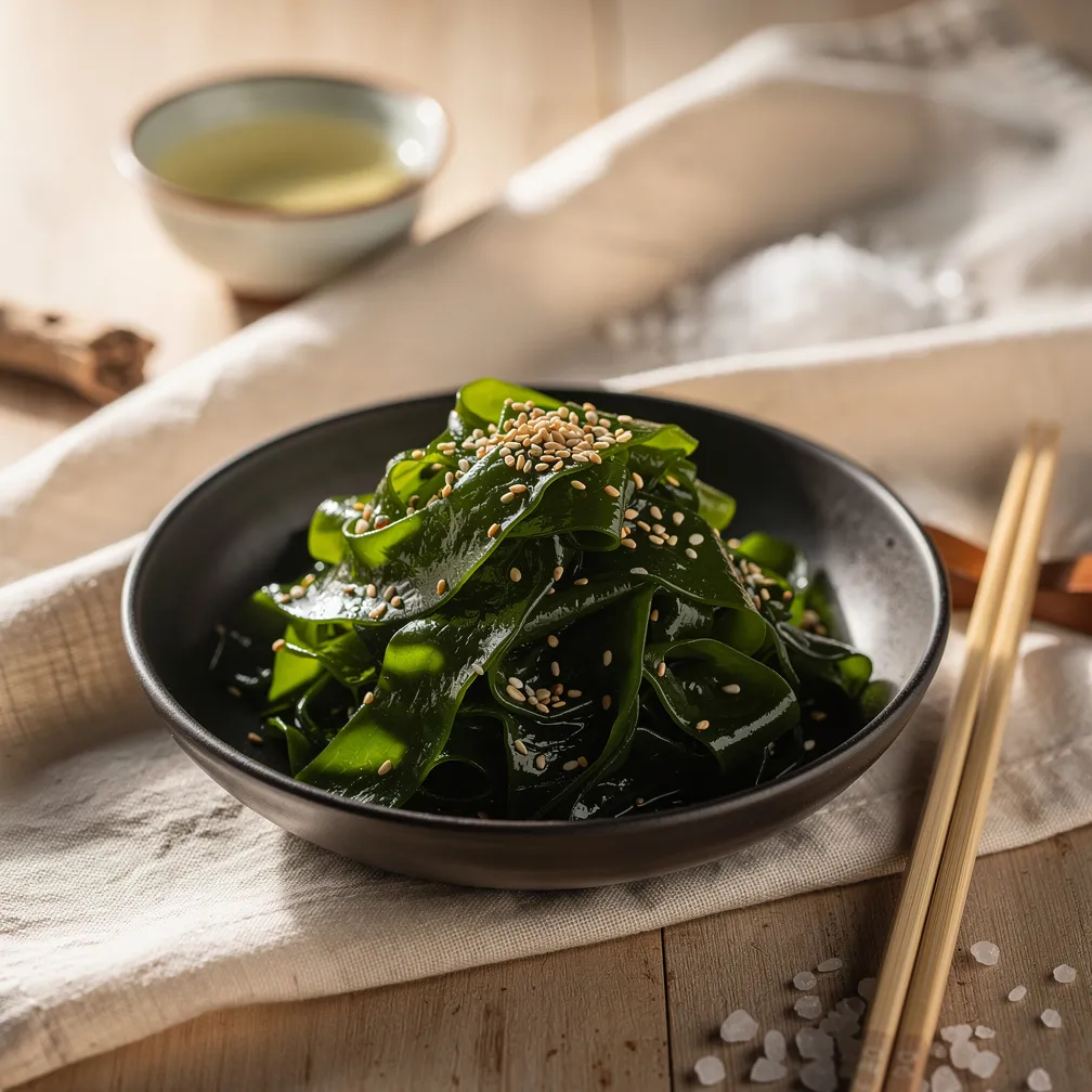 Glänzend grüner Wakame-Salat mit Sesam in dunkler Keramikschale, daneben Essstäbchen
