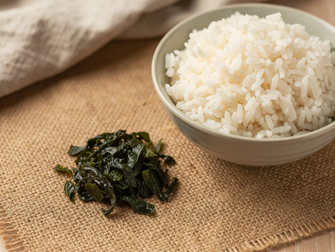 Kleine Portion getrockneter Wakame neben einer großen Schale gekochtem Reis